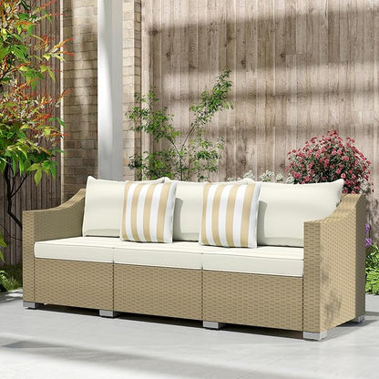 Outsunny 3 Seater Patio Sofa, Wicker Sofa with Cushions, Outdoor Furniture Rattan Couch with 2 Throw Pillows, Deep Seating, for Garden, Backyard, Porch, Cream White