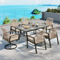 Patio Dining Set 7 Piece, 4 Woven Rattan Fixed Chairs and 2 Swivel Chairs with Waterproof Cushion, 59" Rectangular Metal Table with Umbrella Hole, Outdoor Table Set for Backyard Lawn Deck, Beige