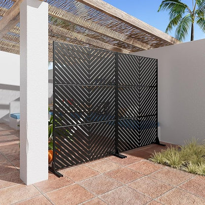 Casaphoria Metal Privacy Screen Outdoor, 72" H x 47" W Freestanding Decorative Privacy Screen for Patio Deck Balcony Garden with Stable Base, Black Parallel