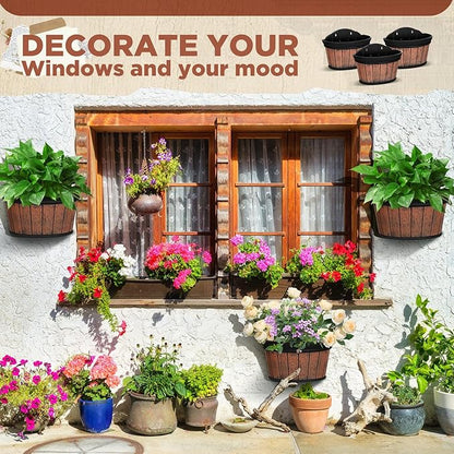 Layhit 6 Pcs Wall Hanging Planters Outdoor Pot Planter Wine Barrel Planter Distressed Oak Thickened Plastic Water Storage Flower Pots for Flower Indoor Outdoor(13.78 Inches,Brown)