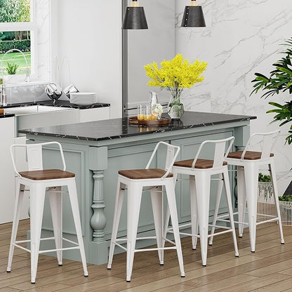 Yongchuang 24 inch Metal Bar Stools Set of 4 Counter Height Barstools Farmhouse Kitchen Bar Chairs with Wood Seat Low Back Cream White