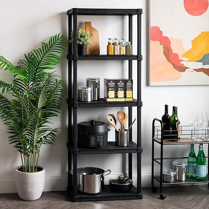 IRIS USA 5-Shelf Light Duty Plastic Storage Shelves, 250lb Capacity, 64" H x 24" W x 12" D, Medium Modular Shelving Unit Storage Organizer for Bathroom, Laundry, Garage & Home, Storage Rack - Black