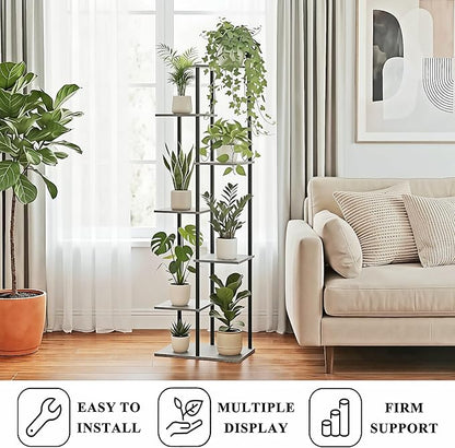 Plant Stand Indoor 7 Tier 8 Potted Metal Wood Plant Shelf, Multiple Flower Pots Corner Tall Plant Holder Stands for Living Room Balcony Bedroom, Oak Grey