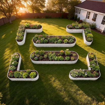 A ANLEOLIFE Set of 6, 18 Inch Tall Antique White Raised Garden Beds Kit, Heart-Shaped & Long Oval Planters for Custom Decorative Gardens.