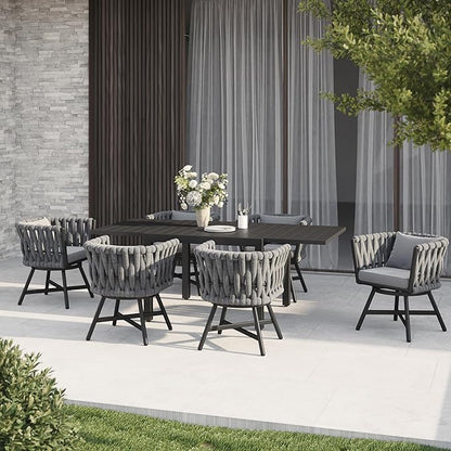 Grand patio 7-Piece Outdoor Dining Set for 6, Patio Dining Furniture Set for 6 Swivel Rope Wicker Chairs & 1 Expandable Rectangular Dining Table, Dark Gray