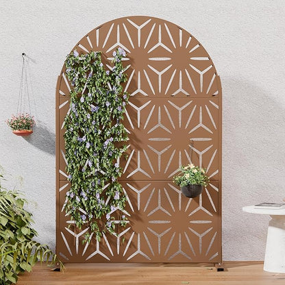 Casaphoria Metal Privacy Screen Outdoor, 72" H x 47" W Arched Freestanding Decorative Privacy Screen for Patio Deck Balcony Garden with Stable Base, Brown-Star