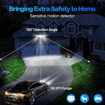 Energetic Solar Outdoor Lights, 1800LM 150 LED Security Motion Sensor Outdoor Lights with Remote Control, IP65 Waterproof Floodlight, 3 Head Motion Detected Spotlight for Garage, Pack of 2 (White)