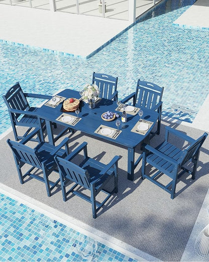 Ciokea HDPE Outdoor Dining Table with Umbrella Hole,66" Rectangle Patio Table for 6,All-Weather Outdoor Patio Furniture Set for Garden Backyard,Navy Blue