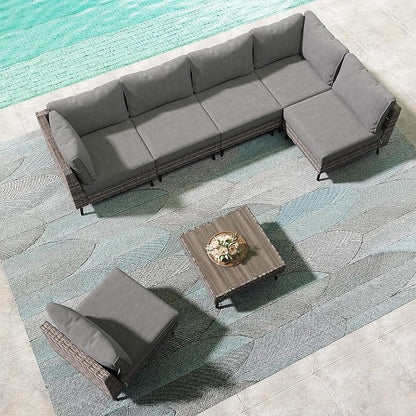 LAUSAINT HOME Outdoor Patio Furniture, 7 Piece Outdoor Sectional Sofa PE Rattan Wicker Patio Conversation Sets, All Weather Patio Furniture Set with Thick Cushions for Garden, Backyard (Grey)