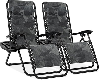 Best Choice Products Set of 2 Adjustable Steel Mesh Zero Gravity Lounge Chair Recliners w/Pillows and Cup Holder Trays - Camoflage