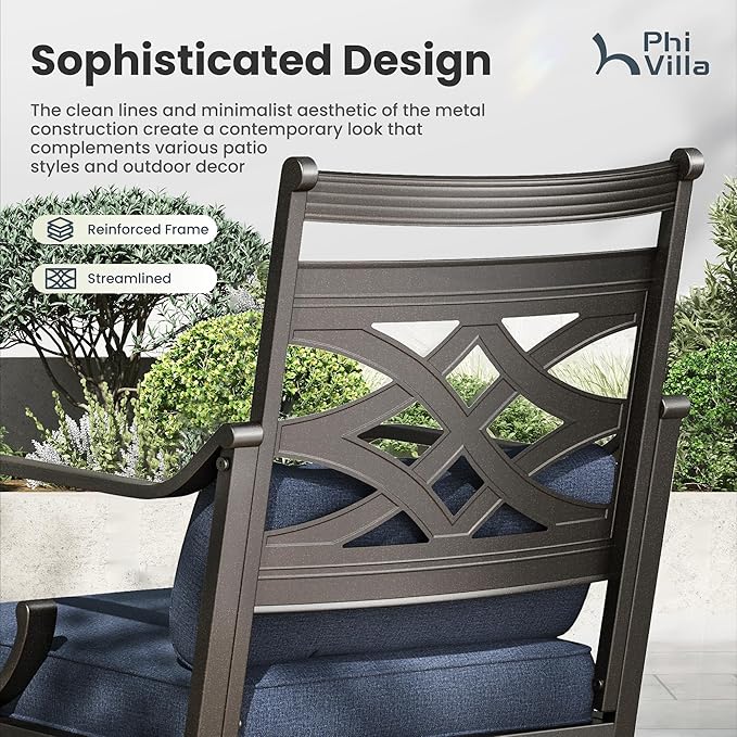 PHI VILLA 5 Pieces Outdoor Dining Set for 4, 42" Round Black Metal Table with Umbrella Hole & Wrought Iron Swivel Chairs, Large Outside Furniture with Blue Cushions & Pillows for Patio, Deck, Porch