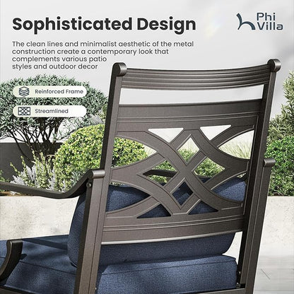PHI VILLA 5 Pieces Outdoor Dining Set for 4, 42" Round Black Metal Table with Umbrella Hole & Wrought Iron Swivel Chairs, Large Outside Furniture with Blue Cushions & Pillows for Patio, Deck, Porch