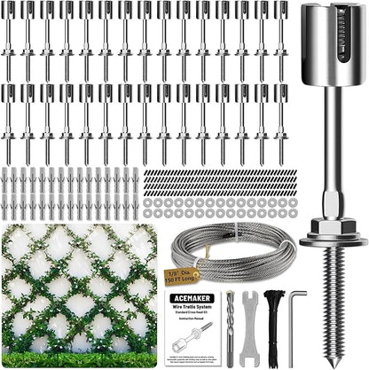Wire Trellis for Climbing Plants Outdoor, 30-Set Wall Wire Trellis Kit with 1/8in x 150ft Stainless Steel Cable, T316 Espalier System for Fence and Garden DIY Projects