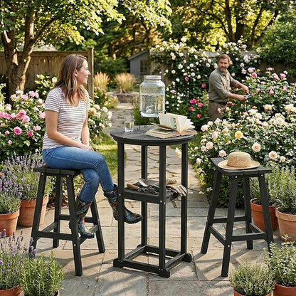Ciokea 3 Pcs Compact Outdoor Bar Set, Space-Saving Round Bistro Set with 2 Backless Saddle Stools & Storage Shelf, All-Weather HDPE High-Top Table Set for Small Balcony, Patio and Poolside, Black