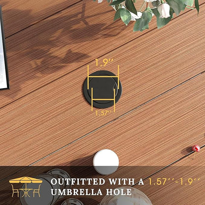 VICLLAX 63" Outdoor Round Patio Table with Umbrella Hole, All Weather Metal Round Outdoor Dining Table for Lawn Garden, 8-10 Person Table, Walnut Wood Grain