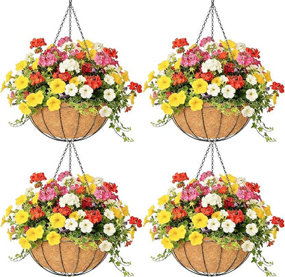 4 Pack 14 Inch Hanging Baskets for Plants Outdoor Metal Hanging Planter Hanging Flower Baskets with Coco Fiber Liners Chain Round Wire Plant Holder Hanging Flower Pots(Watermelon)