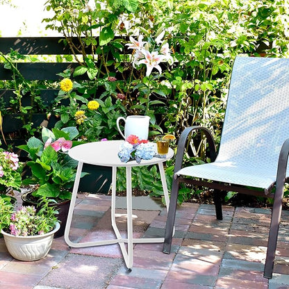 Patio Outdoor Side Table Waterproof Round Metal Steel Small Side Table Weather Resistant Portable Outdoor and Indoor End Table for Garden Balcony Yard, White