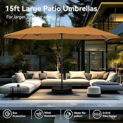 PHI VILLA 15ft Large Patio Umbrellas with Base, Outdoor Double-Sided Rectangle Market Umbrella for Pool Lawn Garden, Tawny