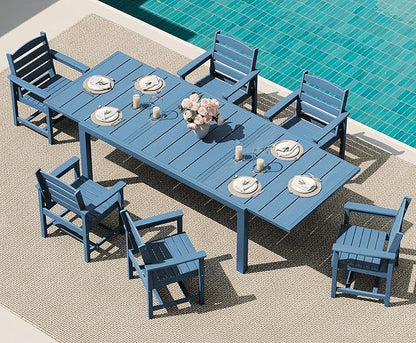 SERWALL 7-Piece Patio Dining Sets, 60" - 83" Expandable Outdoor Dining Table and 6 HDPE Chairs, All Weather HDPE Outdoor Furniture Set for Backyard, Garden, Blue