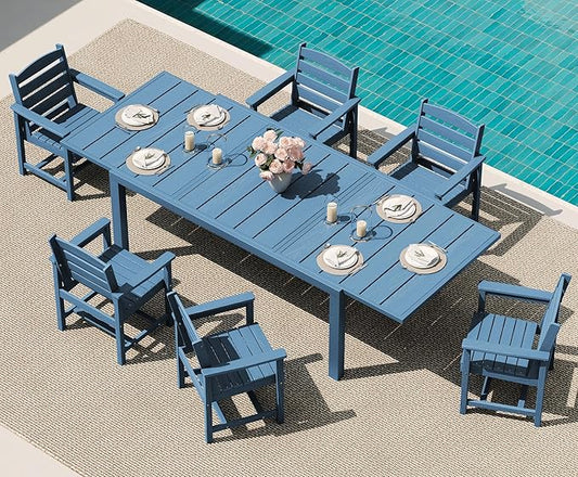 SERWALL 7-Piece Patio Dining Sets, 60" - 83" Expandable Outdoor Dining Table and 6 HDPE Chairs, All Weather HDPE Outdoor Furniture Set for Backyard, Garden, Blue