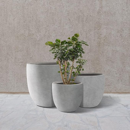 Kante 20",16.5",13.4" Dia Round Concrete Planters (Set of 3), Outdoor Indoor Modern Decorative Plant Pots with Drainage Hole & Rubber Plug for Home & Garden, Natural Concrete
