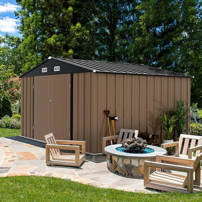 Devoko 10 x 8 FT Outdoor Storage Shed, Metal Garden Sheds & Outdoor Storage Clearance, Large Tool Shed Outdoor with Single Lockable Door for Patio Lawn Backyard (Brown)