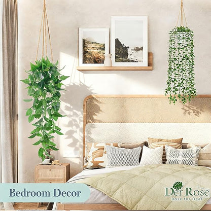 Der Rose 4Pcs Fake Plants Hanging Artificial Ivy Vine Faux Eucalyptus Hanging Plants, Boston Fern, String of Pearls for Living Room Bedroom Boho Wall Shelf Indoor Outdoor Decor (White Pots)