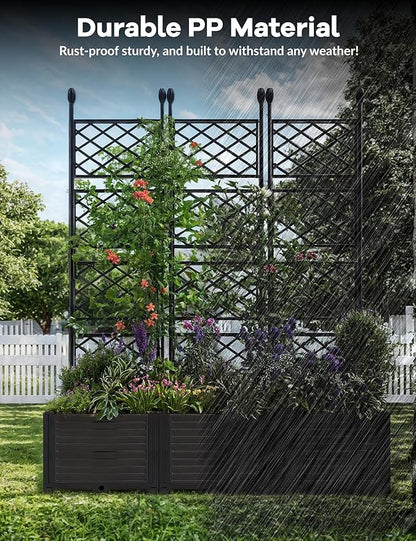 IDEALHOUSE 3 PCS Raised Garden Bed with Trellis, 50" W×63" T Plastic Planter Box with Privacy Screen, Sturdy Lightweight Vertical Garden for Climbing Plants Patio Balcony Backyard