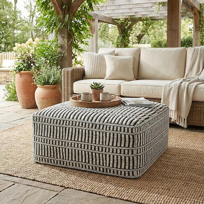 SIMPLIHOME Safford Square Pouf - 20 inch Wide Upholstered PET Polyester Ottoman in Cream White and Deep Black, Boho Indoor/Outdoor Footstool or Extra Seating for Living Room or Patio, Assembled
