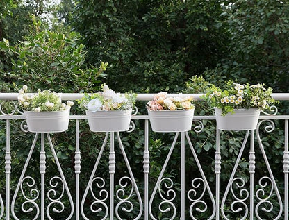 Dahey 10.5 Inch Metal Iron Hanging Flower Pots for Railing Fence Hanging Bucket Pots Countryside Style Outdoor Planter Window Flower Plant Holder with Detachable Hooks Home Decor,White,4 Pcs