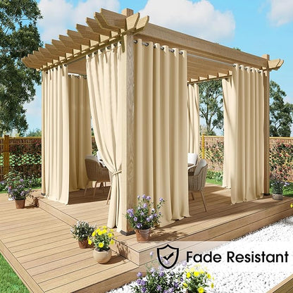 NICETOWN Fade Resistant Outdoor Curtains 2 Panels, Patio Waterproof Drapery Color Fastness Grade 4 Certification, UV Protection Blackout Shades for Porch, Deck, Pergolas, Biscotti Beige, W52 x L108
