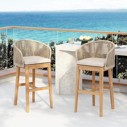 Christopher Knight Home Zax Set of 2 Patio Barstool, Acacia Wood & Rope Outdoor Counter Stool with Backrest/Footrest, Barstool Chairs with Cushion Seating for Backyard Balcony Garden, Beige + Teak