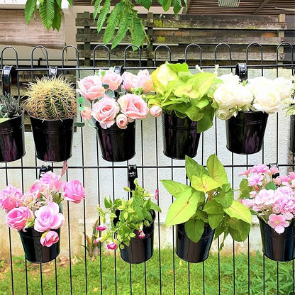LaLaGreen Small Hanging Planters - 10 Pack, 4 Inch Black Metal Bucket Small Flower Pots for Outdoor Outside, Balcony Railing Hanging, Cute Garden Decor Rail Wall Farmhouse Rustic Deck Porch Succulent