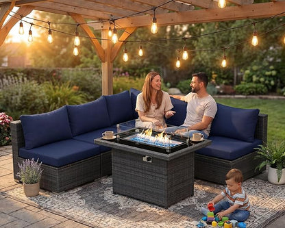 NICESOUL 6 Piece Modern Wicker Patio Furniture Set with Firepit Natural Gas/Propane, 29.3'' High-Back Deep Wide Seat Outdoor Conversation for Backyard, Oversized Sofa Couch, 2 Color Cushion Navy&Gray
