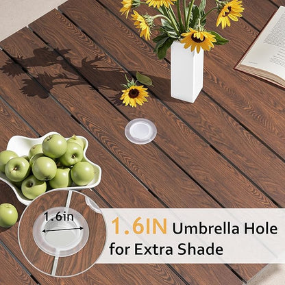 70 Inch Patio Outdoor Dining Table for 6 with Wood-Like Top & Umbrella Hole, All-Weather Deck & Backyard Table