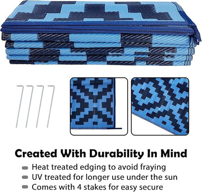 SAND MINE Reversible Mats, Plastic Straw Rug, Modern Area Rug, Large Floor Mat and Rug for Outdoors, RV, Patio, Backyard, Deck, Picnic, Beach, Trailer, Camping, Blue, 9' x 12'
