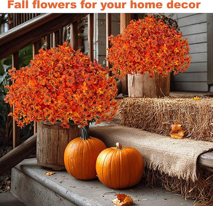 Artificial Fall Flowers Outdoor Fake Mums - 16 Bundles Fake Plants UV Resistant No Fade Faux Plastic Greenery Garden Porch Patio Fall Home Decor (Orangeyellow)