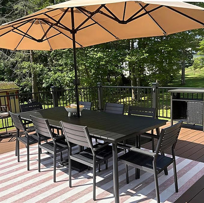 95" Patio Outdoor Dining Table for 8-10, Weather-Resistant Wood-Grain Top with Aluminum Frame & Umbrella Hole for Deck Gatherings, Black