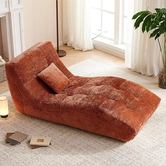 Chaise Lounge Chair with Curved Back, Modern Upholstered Recliner Sofa, Tufted Accent Lounger Comfortable Lazy Chair for Bedroom, Apartment (Orange)