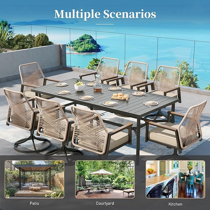 Patio Dining Set 7 Piece, 4 Woven Rattan Fixed Chairs and 2 Swivel Chairs with Waterproof Cushion, 59" Rectangular Metal Table with Umbrella Hole, Outdoor Table Set for Backyard Lawn Deck, Beige