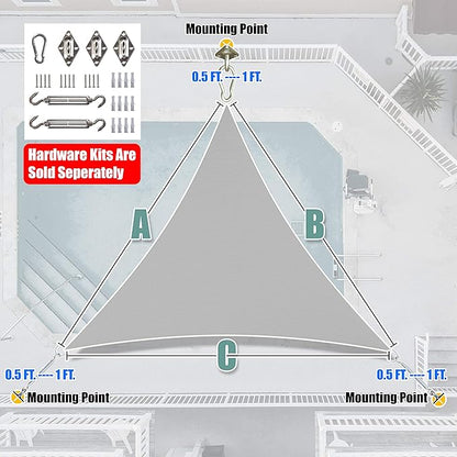Amgo Custom Size 12' x 12' x 12' Grey Triangle Sun Shade Sail Order to Make Canopy Awning UPF50+ AGSLT, 95% UV Blockage, Water & Air Permeable, 200GSM Commercial Standard (We Customize)