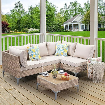 Jing's Villa 5-Piece Outdoor Patio Furniture Set,Ratten Conversation Sectional Sofa w/Coffee Table, All-Weather Patio Conversation Set with Thick and Anti-Slip Cushions for Backyard,Deck,Beige