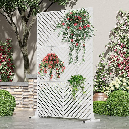 Casaphoria Metal Privacy Screen Outdoor, 72" H x 47" W Freestanding Decorative Privacy Screen for Patio Deck Balcony Garden with Stable Base, White-Parallel
