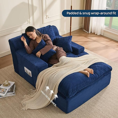 63" Chaise Lounge Chair Indoor, Set of Convertible Sleeper Sofa Couch with Throw Pillows & Side Pockets, Corduroy Upholstered Oversized Sofa Bed with Armrests for Living Room Bedroom, Blue