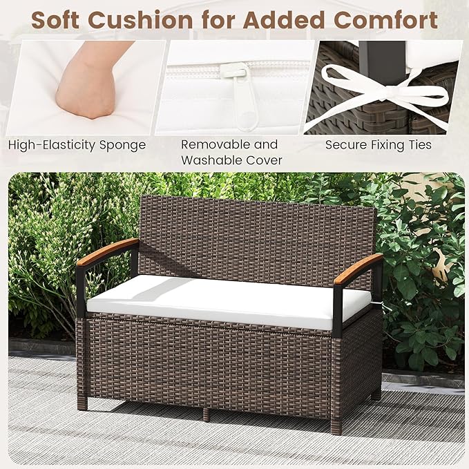 Storage Bench, 2-Person Brown PE Rattan with 46-Gallon Storage