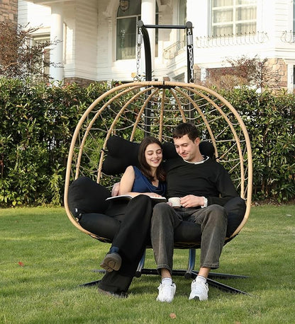DoubleTT Double Indoor/Outdoor Wicker Swing Egg Chair Hammock Foldable Hanging Loveseat with Stand, UV Resistant Removable Cushions, 700LBS Capacity for Bedroom, Balcony, Garden (Yellow and Black)