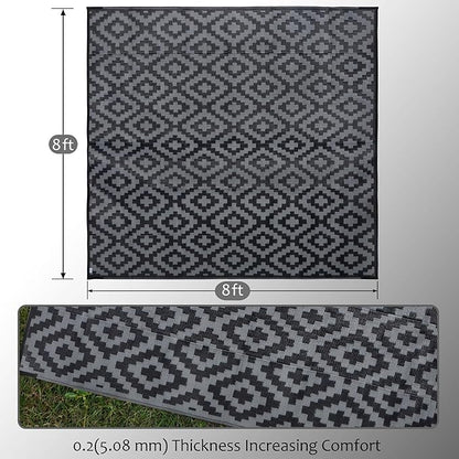 SAND MINE Waterproof Outdoor Rug 8x8 ft, Plastic Reversible Rug, Modern Area Rug, Large Floor Mat for Outdoors, RV, Patio, Backyard, Deck, Picnic, Beach, Camping (8' x 8', Black Grey Lattice)