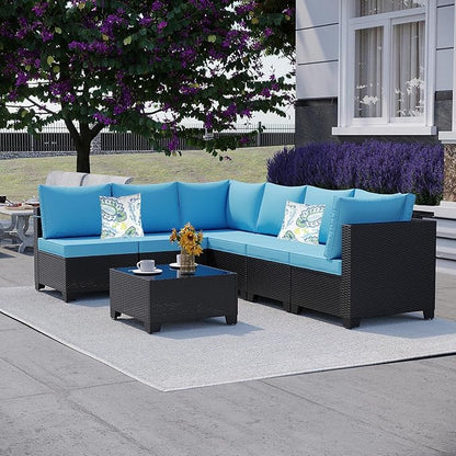 Outdoor Wicker Patio Furniture Set, Rattan Sectional Sofa Set with Thick Cushions (Coffee/Peacock Blue, 7 Piece Sofa Set)