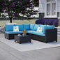 Outdoor Wicker Patio Furniture Set, Rattan Sectional Sofa Set with Thick Cushions (Coffee/Peacock Blue, 7 Piece Sofa Set)