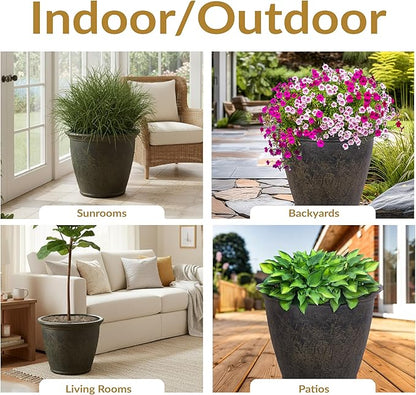 Sunnydaze 24-Inch Anjelica Large Plastic Pot for Plants - Outdoor Double-Walled Large Plastic Planter with Drillable Drainage Holes - Sable - 2pk